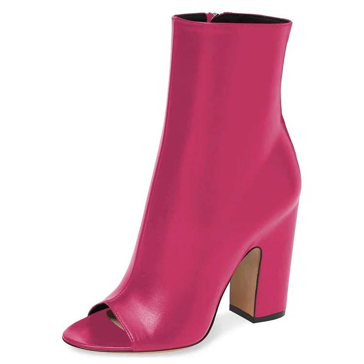 Hot Pink Peep Toe Booties Chunky Heel Ankle Boots |FSJ Shoes