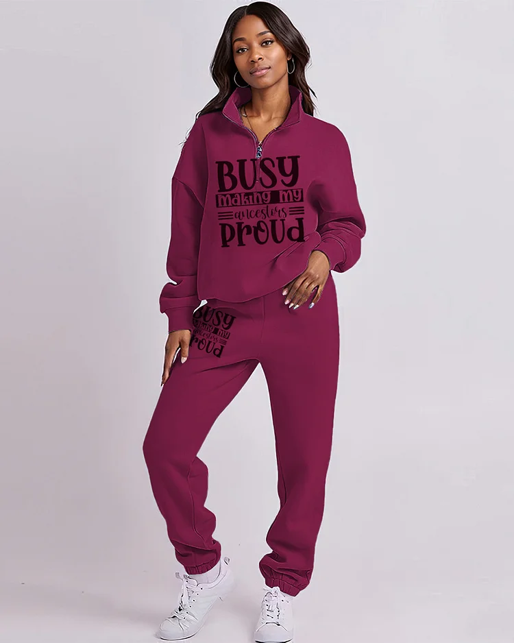 Busy Proud Turtleneck Zipper Long Sleeve Sweatshirt and Casual Pants Set