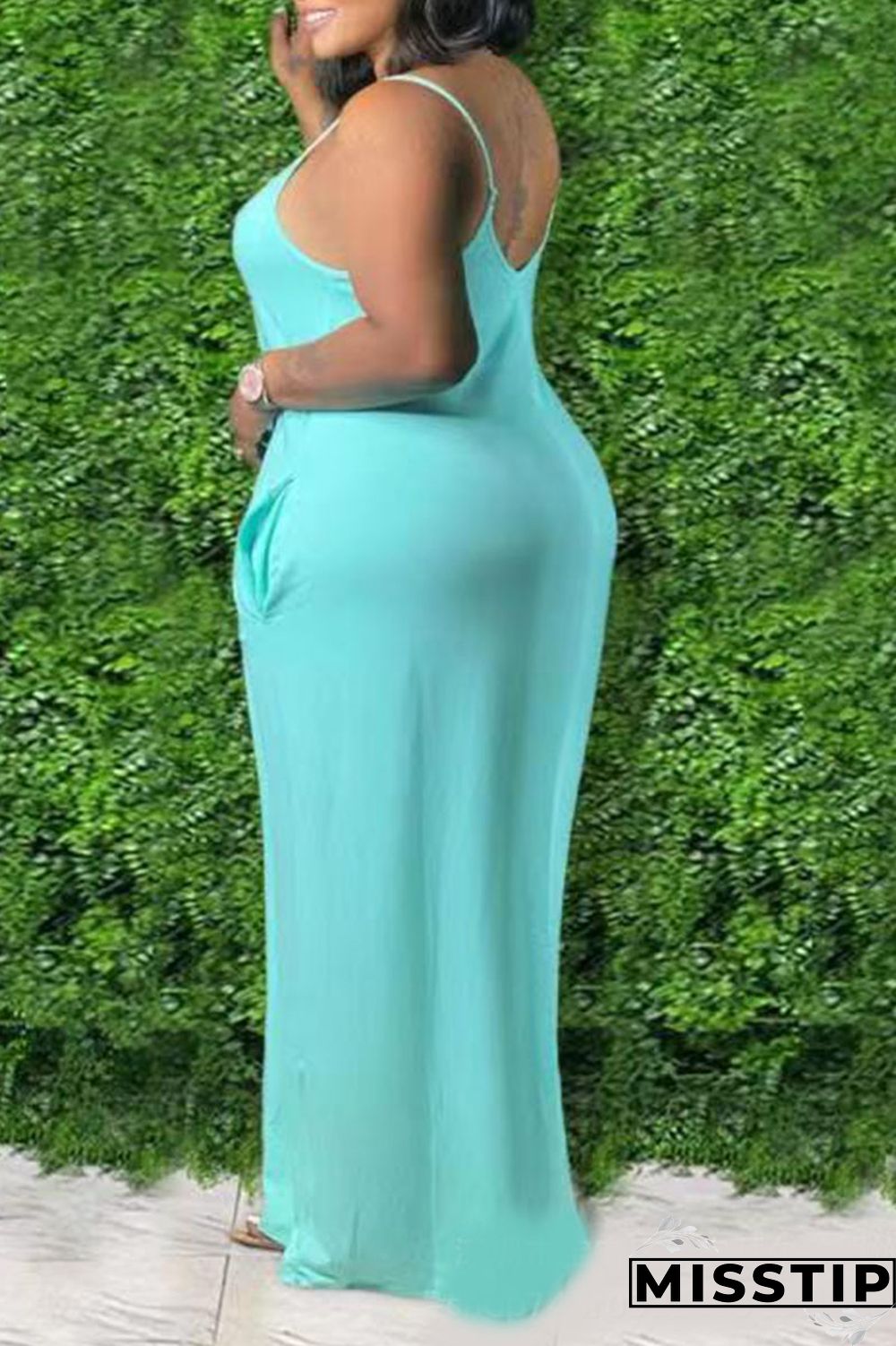 Cyan Sexy Solid Patchwork Spaghetti Strap Straight Plus Size Dresses