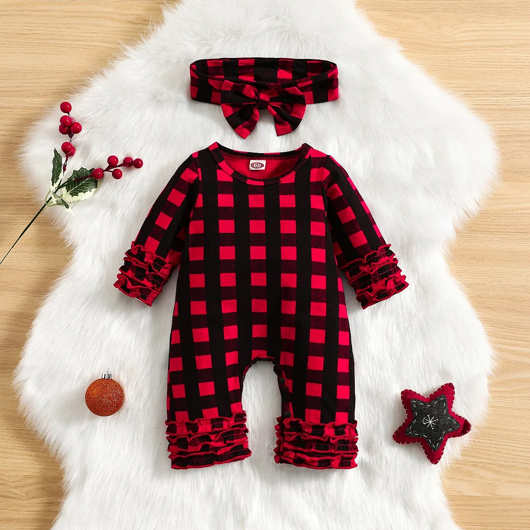Cute Christmas Plaid Printed Baby Jumpsuit