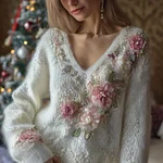 Elegant Pink Roses Embroidered V Neck Cozy Knit Sweater - Image 2