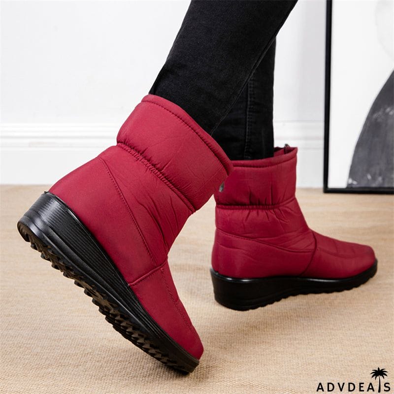 Waterproof Front Zipper Plush Ankle Boots