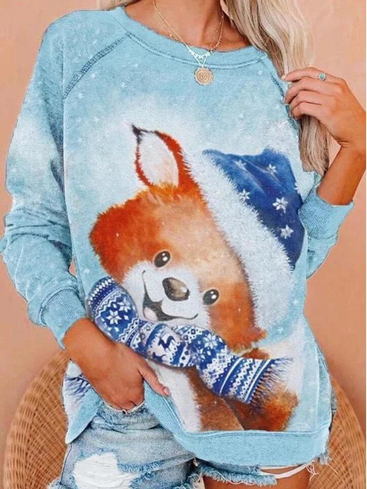 Bear Print Long Sleeve Womens Sweatshirt Crew Neck Sweater Tops