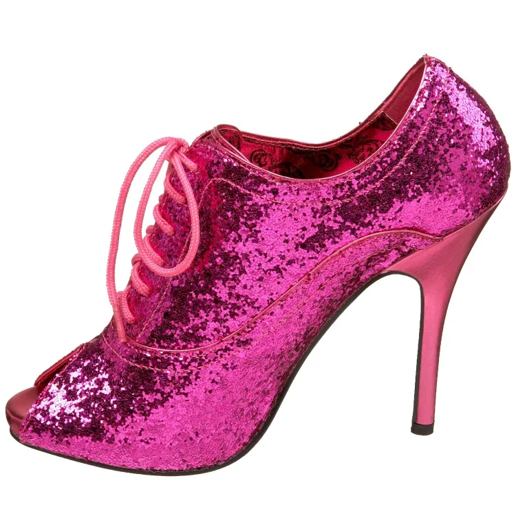 Fuchsia Peep Toe Glitter Boots Lace Up Stiletto Heel Ankle Boots |FSJ Shoes