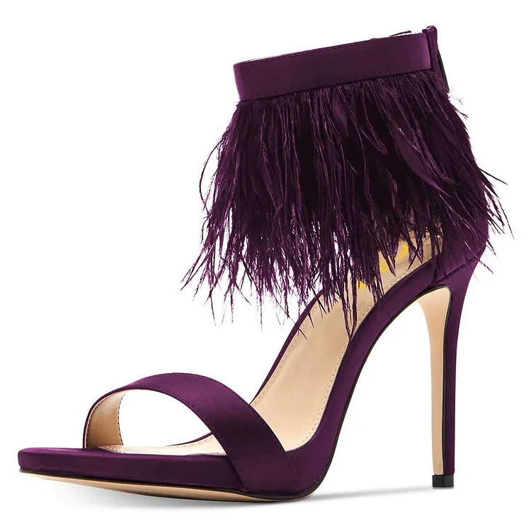 Purple Satin Ankle Strap Heels Feather Sandals |FSJ Shoes