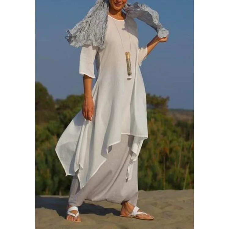 Solid Color Swing Linen Ladies Dress Loose Long Sleeve Cotton Linen Skirt
