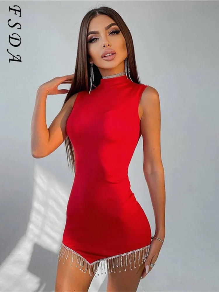 FSDA 2021 Diamond Tassel Black Party Dresses Women Sleeveless Sexy Mini Club Summer Dress Bodycon Red White Y2K Off Shoulder