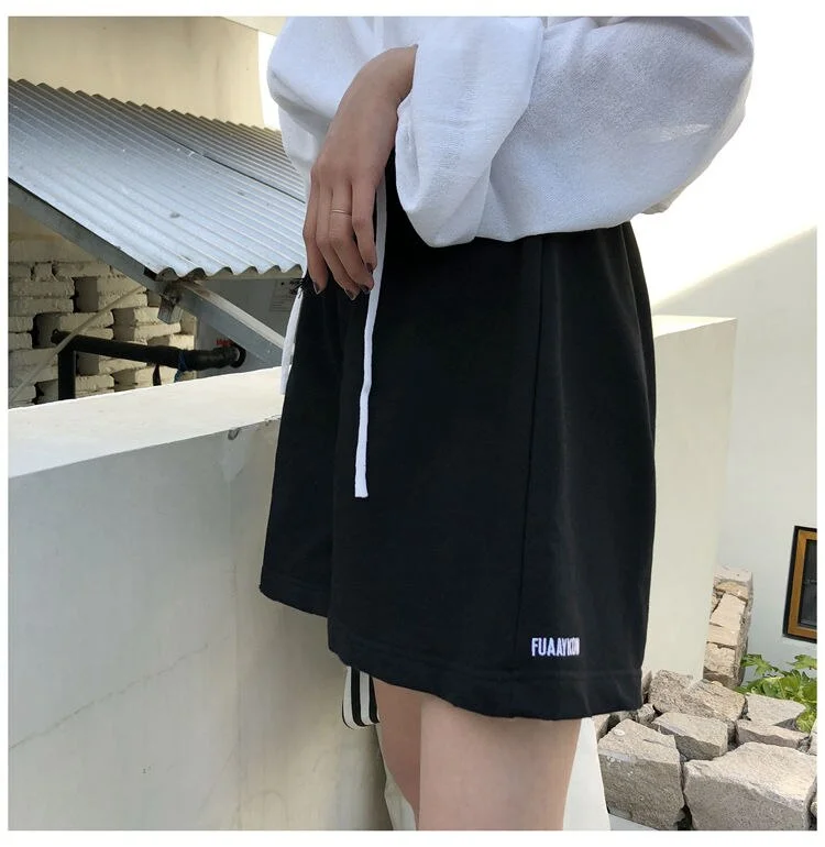 Shorts Women Summer Letter Embroidery Lace-up High Waist Above Knee Loose Fresh Ins Leisure Chic Preppy Tees Korean Fashion New