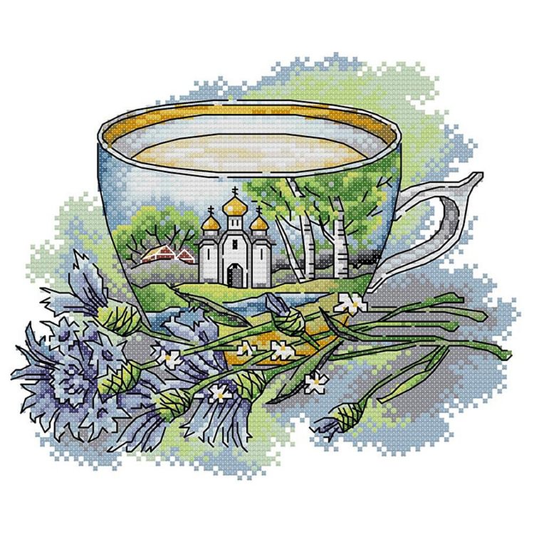 Joy Sunday - Russian Teacup - 14CT 2 Strands Threads Printed Cross Stitch Kit - 27x21cm(Canvas)