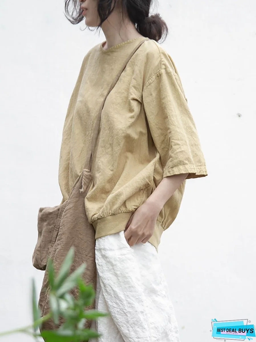 Women Summer Casual Solid Loose Cotton V-Neck Shirt