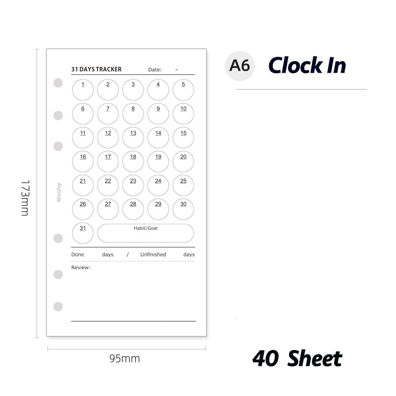 Fromthenon Minimalist Ledger Loose Leaf Paper A6A7 40 Sheets Target Tracking Clock in Replace Core Inner Pages