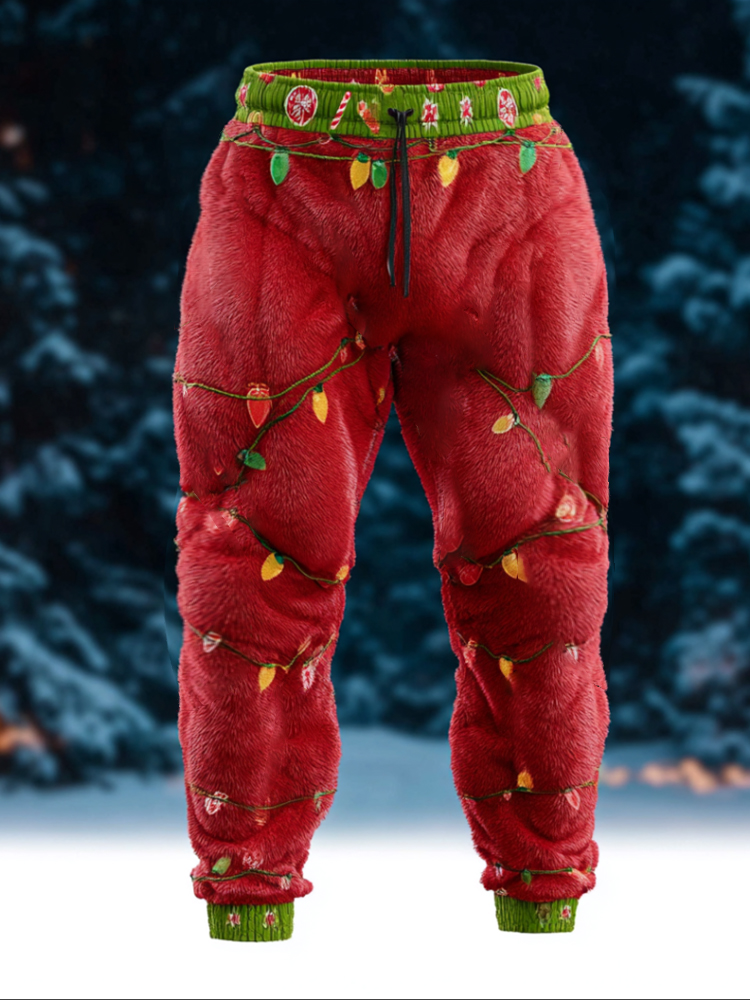 Men's Christmas Lights Santa Claus Plush Sports Pants elevenforest