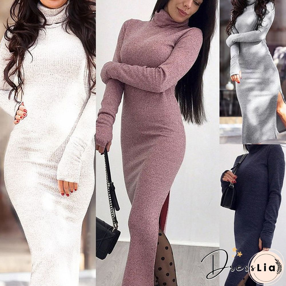 Sexy Ladies Fashion Knitting Long Dress High Collar Sheath Bodycon Fall Winter Slit Dresses