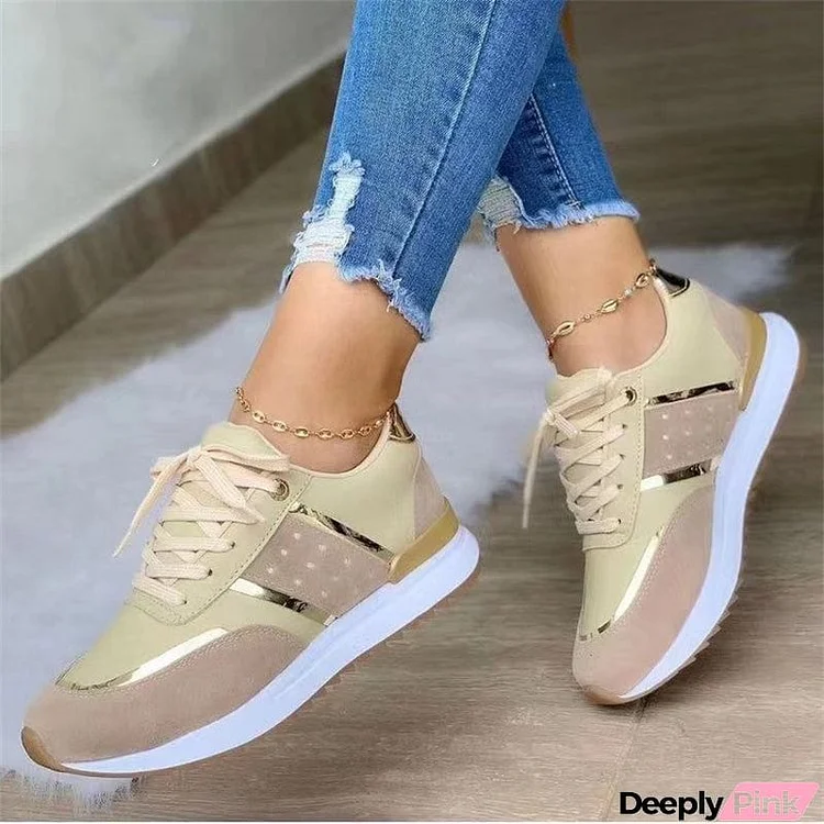 Women's Classic Thick Sole Patchwork Lace Up PU Sneakers