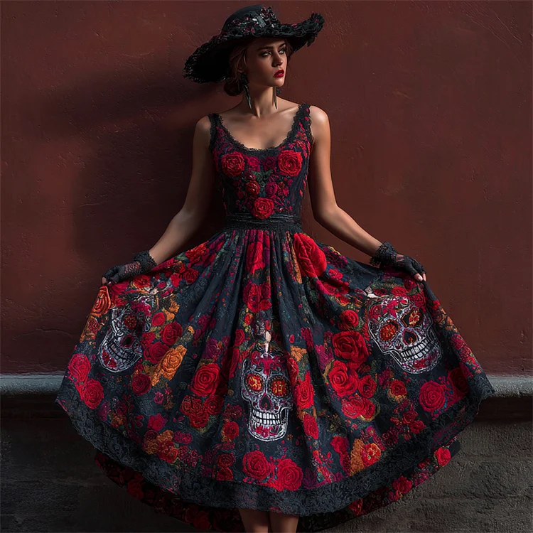 Classy Day Of The Dead Sugar Skulls Floral Linen Maxi Dress
