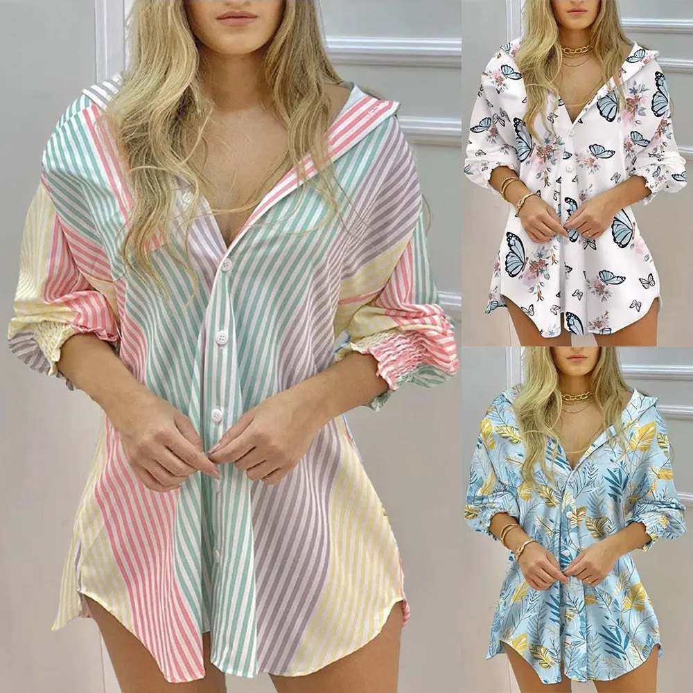 Women Beach Print Shirt Stand Collar T Shirt Streetwear Half Sleeve Button Casual Camisa Ladies Leisure Fashion Slim Tops D30