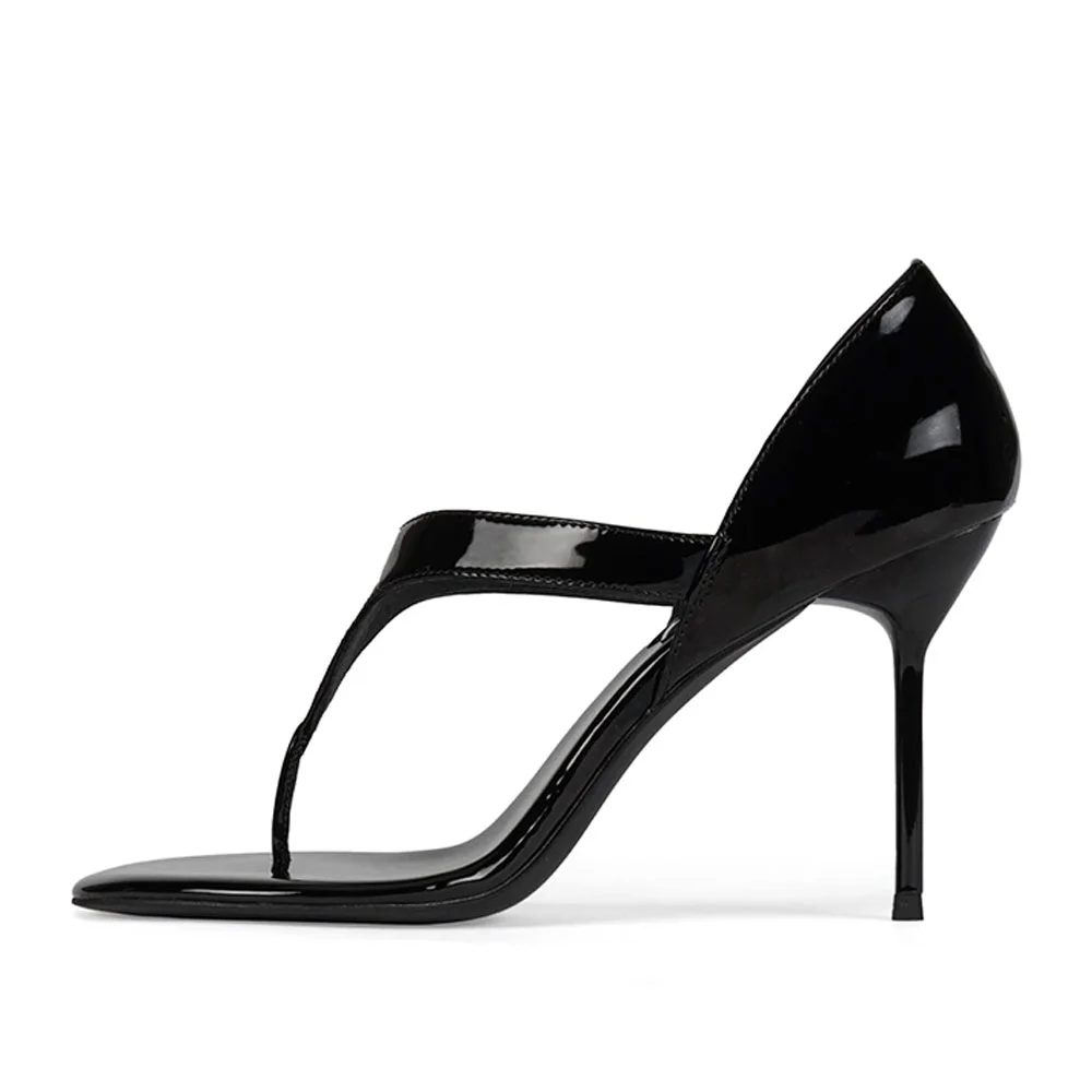 Open Round Toe Stiletto Heel Flip Flops Black Sandals for Women