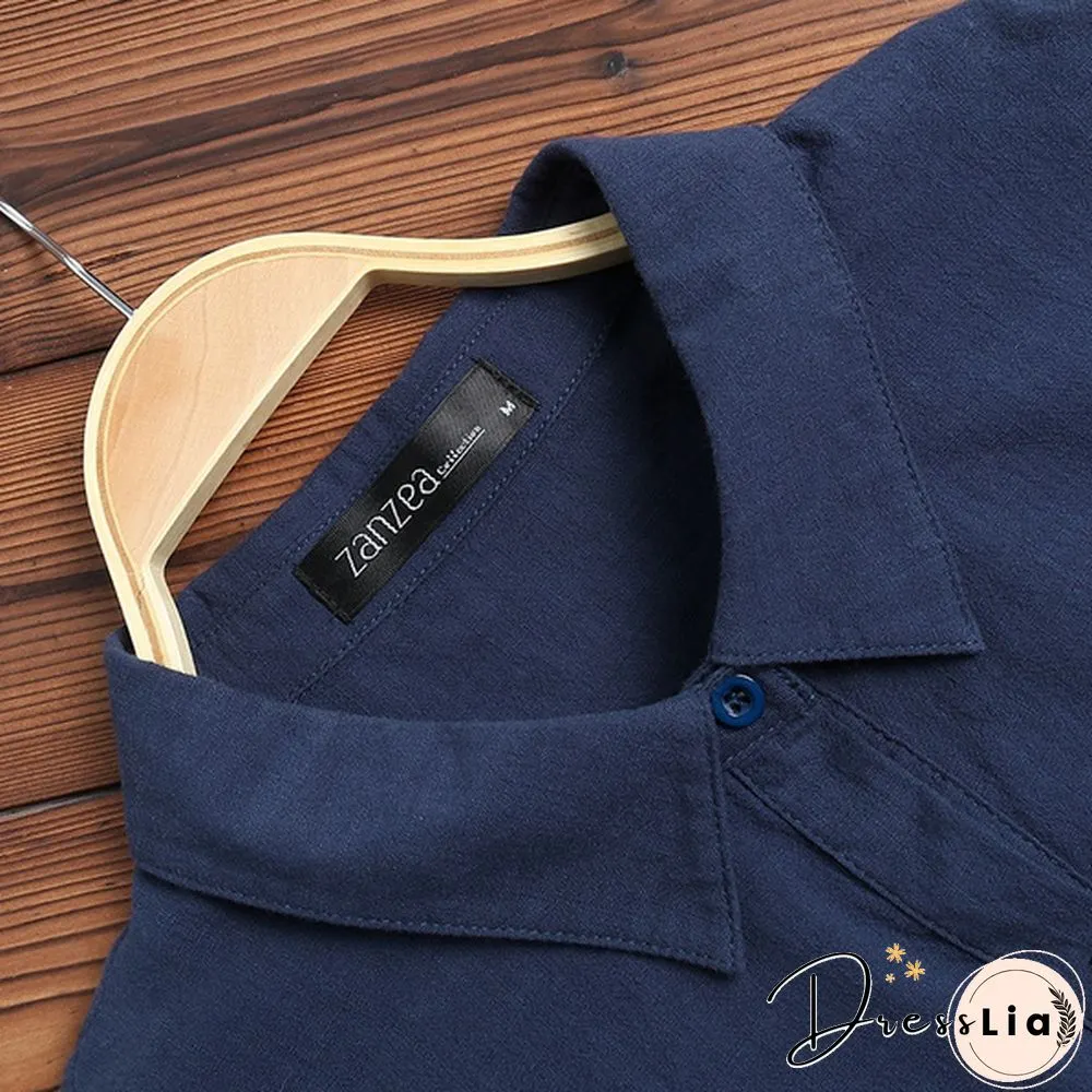 Spring Summer Fashion Women Solid Color Cotton Linen Button Shirt Dress Long Plus Size