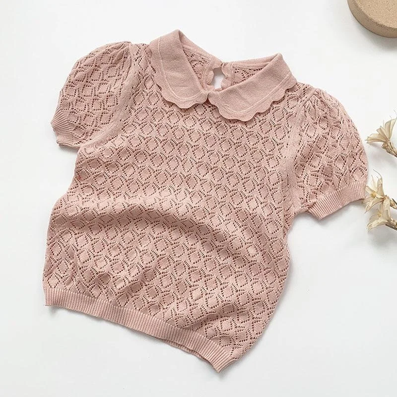 New 2021 Baby Girl Hollow Out T-shirt Summer Kids Girl Short Sleeve Knit T-shirt Infant Kids Baby Girl T-shirt Clothes