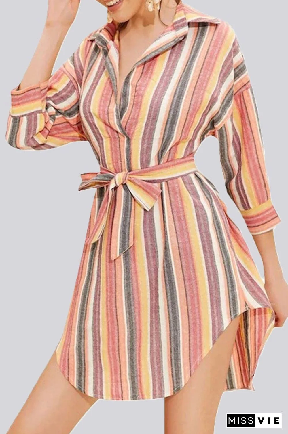 Fashion Casual Striped Split Joint Turndown Collar A Line Dresses