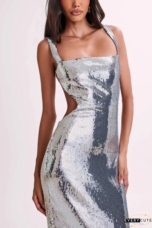 Slim Fit Square Neck Halter Backless Maxi Dress