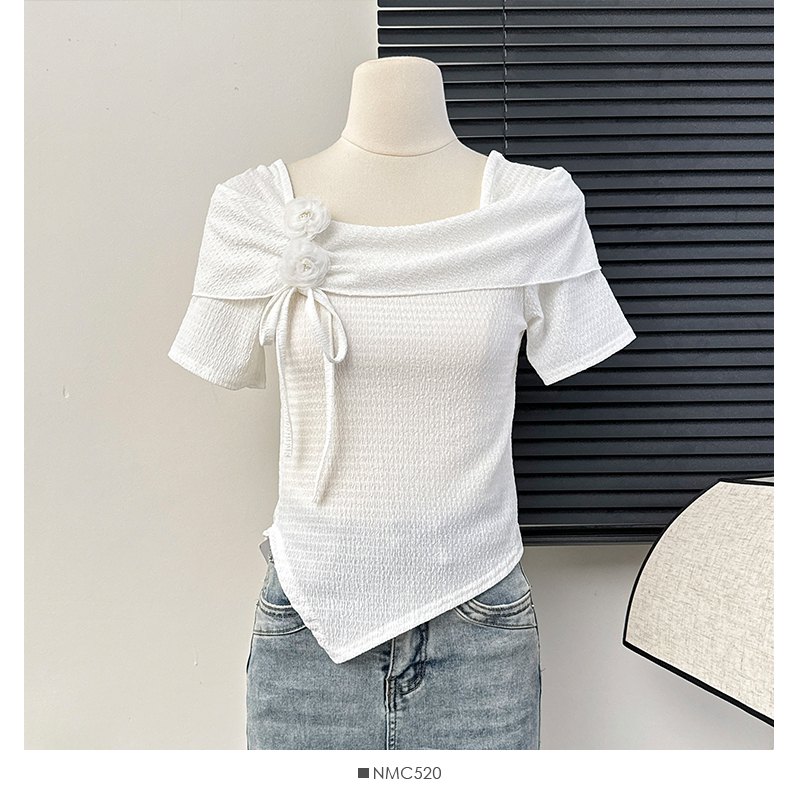 Thepearlpad costumes for women hot French T-shirts Women 2025 Summer New Solid Square Neckline Bow Three-dimensional Flower Tie Niche Irregular Streetwear Top