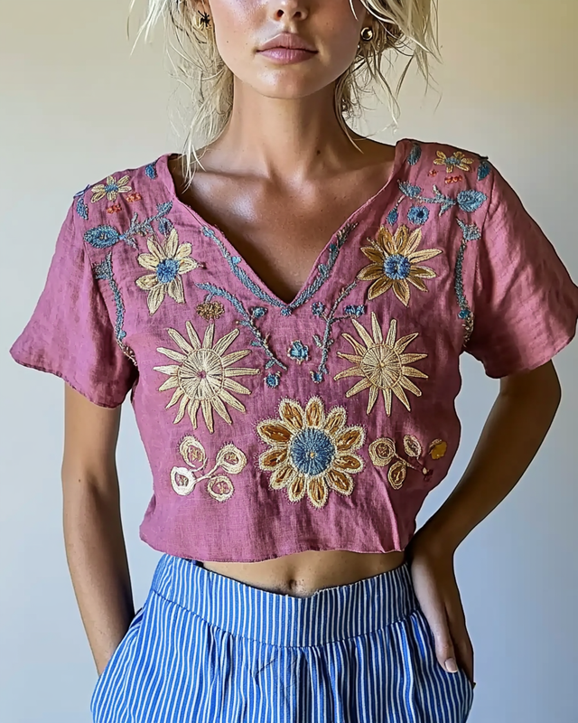 Women's short-sleeved hippie fun embroidery print top 0825