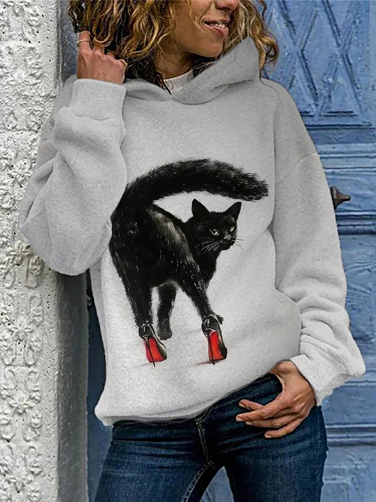 Women's Black Cat With High Heels Print Hooded Sweatshirt