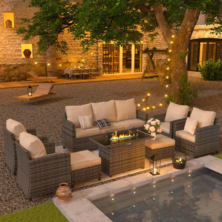 Patio Furniture Set with 44" Fire Pit Table, 8 Pieces Outdoor Sectional Conversation Sets, All-Weather Wicker Rattan Sofa Ottoman with 4" Thick Cushion for Garden Backyard Deck