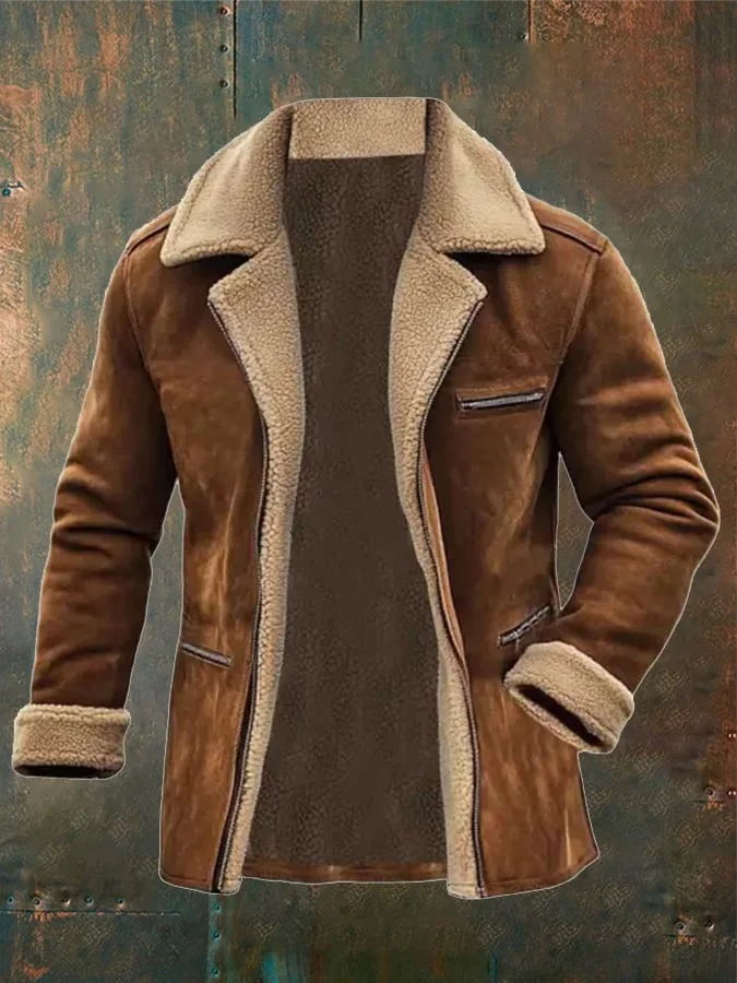 Men's Vintage Suede Patchwork Plush Multi-Pocket Reverse Collar Outdoor Jacket