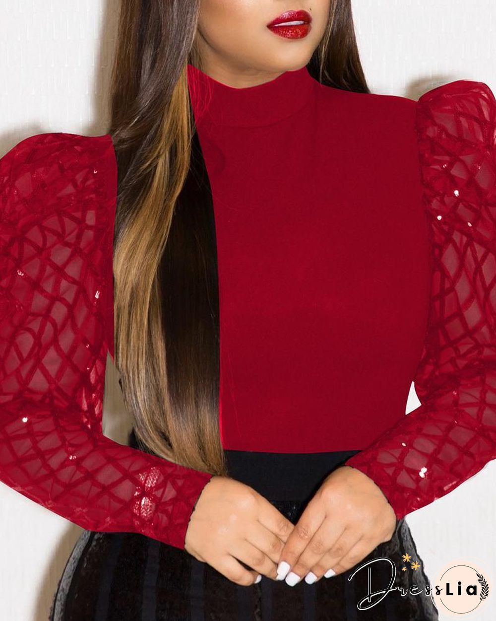 Puffed Sleeve High Neck Long Sleeve Blouse P14309