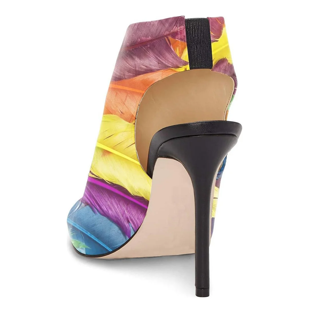 Colorful Feather Printed Peep Toe Slingback Heels Sandals by YDN