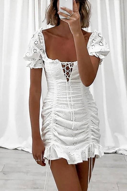White Cutout Drawstring Short Dress - Chicaggo