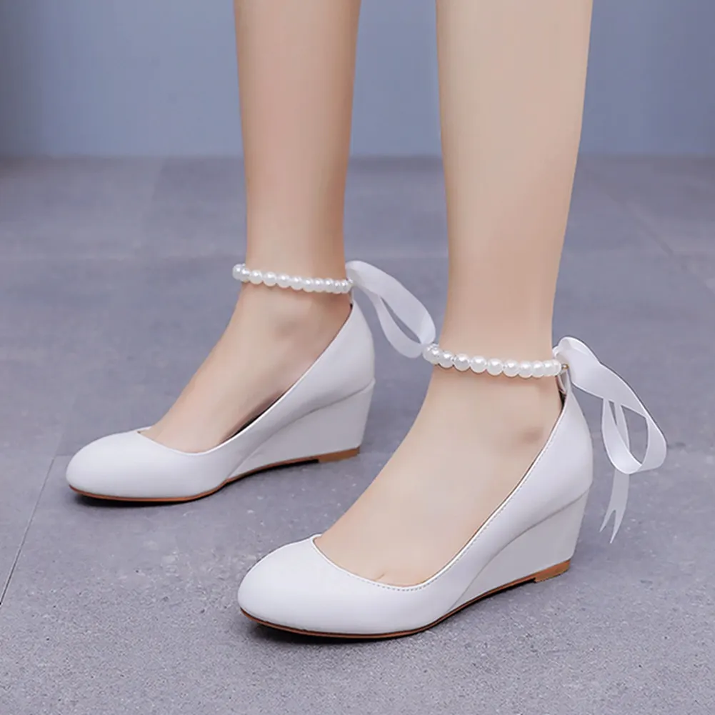 Breakj Breakj Cm White Beads Thick Bottom Heels Mary Jane's Shallow Mouth Single Shoe Ribbon Thin Wedding Dress High Heels