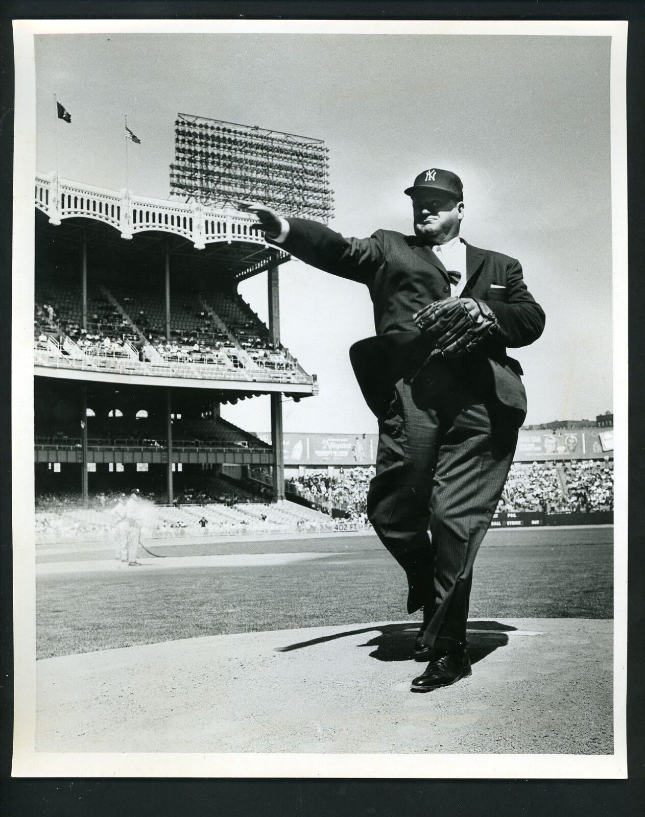 Joe Cronin with Yankees hat on first pitch at Yankee Stadium 1960 Press Photo Poster painting