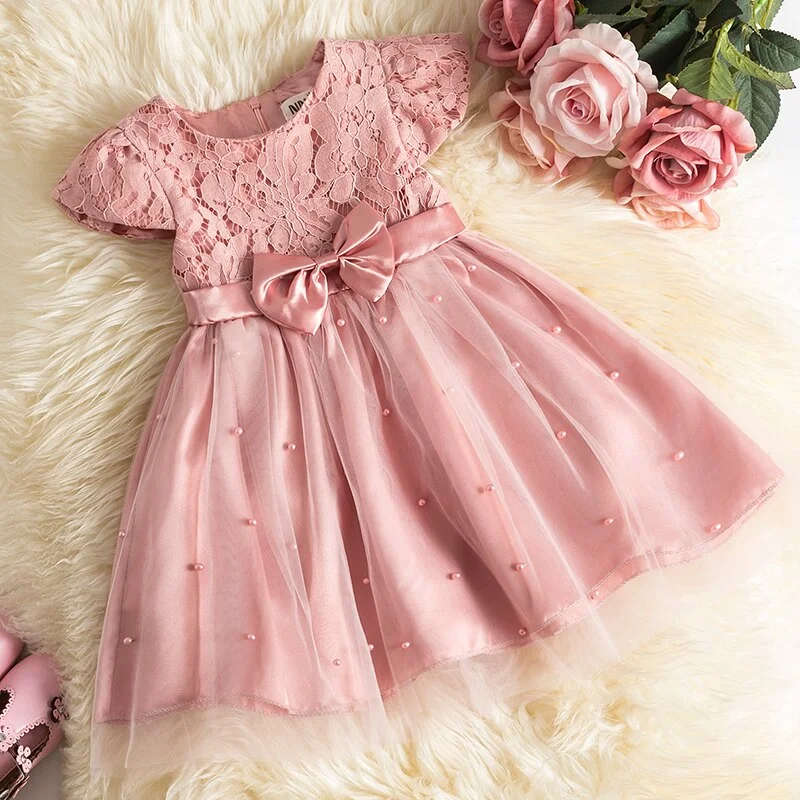 Uveng Baby Girls Dress for Summer Flower Lace Vestidos Wedding Party Kids Dresses for Girls Pearls Tulle Princess Children's Dresses
