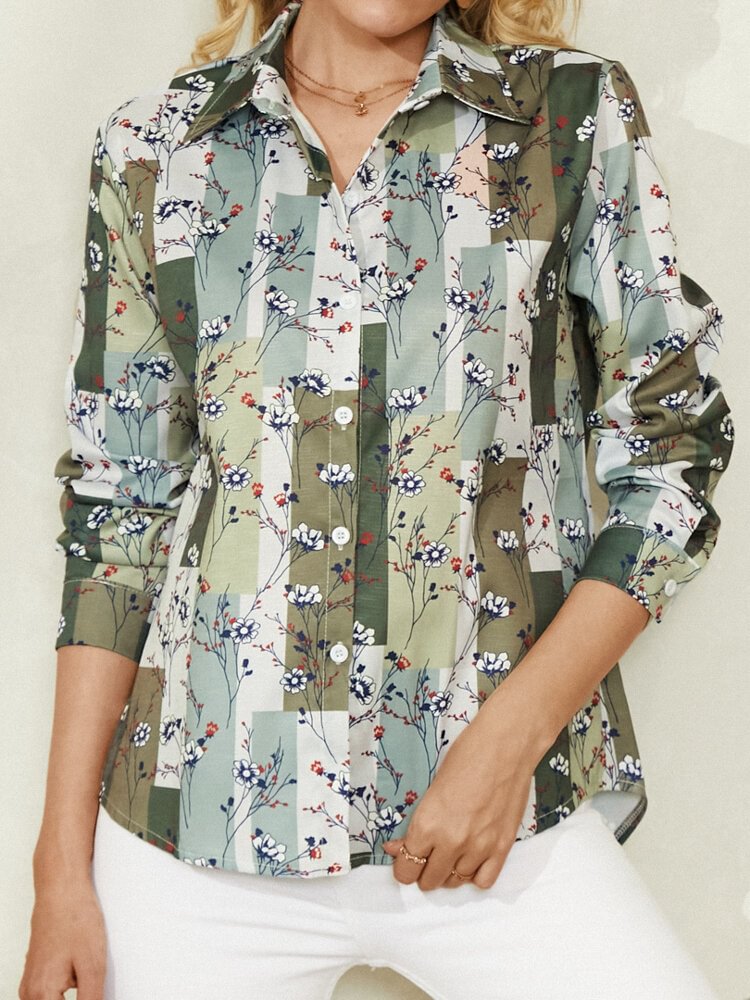 Women Plaid Calico Print Button Lapel Long Sleeve Casual Shirt P1805985