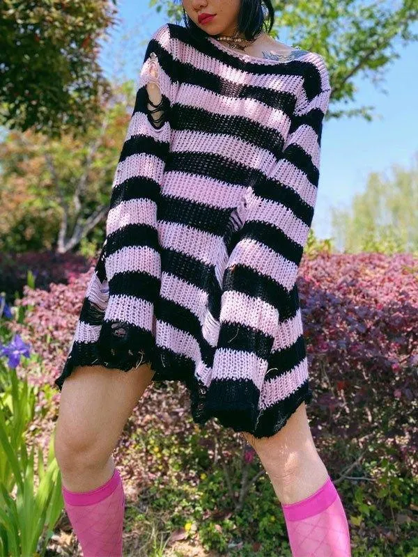 Brownm Distressed Stripe Longline Sweater