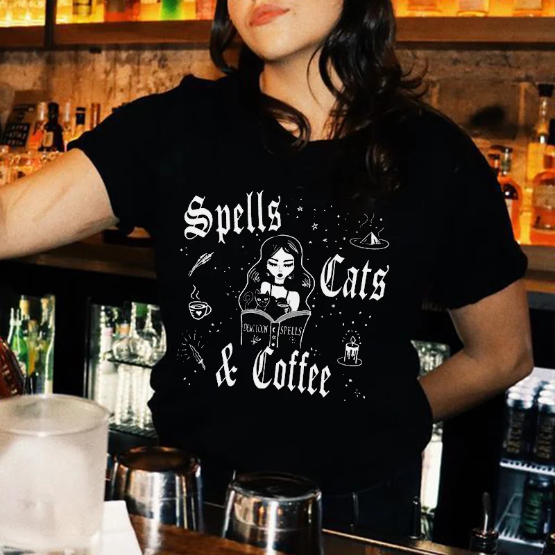 Spells Cats & Coffee Printed Women's T-shirt -  