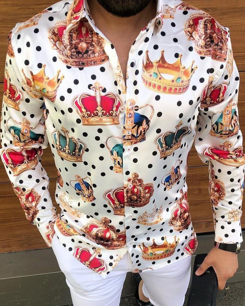 Crown Dot Print Silk Long Sleeve Shirt
