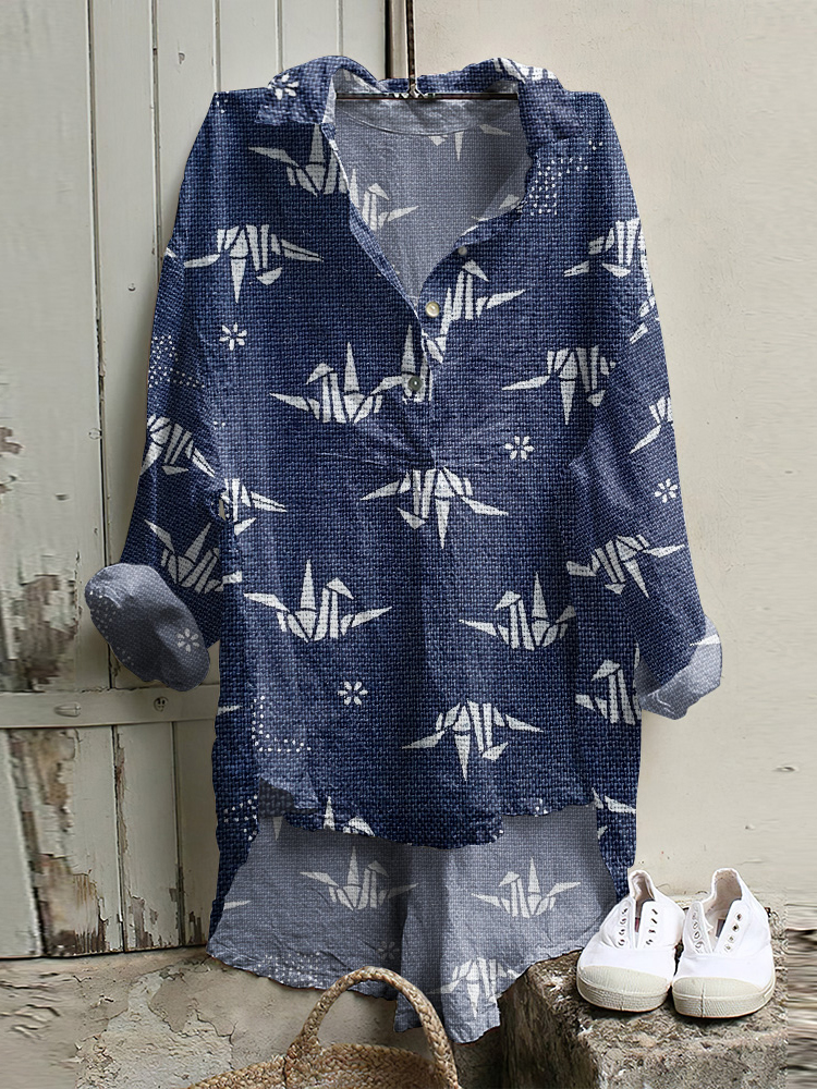 Comstylish Japanese Art Paper Crane Print Long Sleeve Casual Shirt