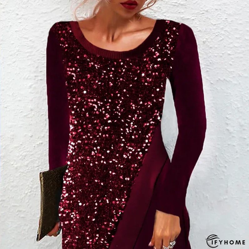 Women's Sequin Spliced Long Sleeve Elegant Round Neck Party A-Line Dress | IFYHOME