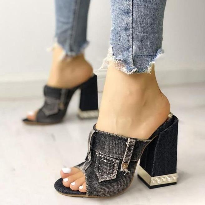 Women's Blue Jean Denim Wedge Mule Sandals