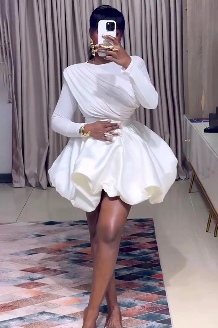 Long Sleeve Asymmetric Layered Party Mini Bubble Dresses-White [Pre Order]
