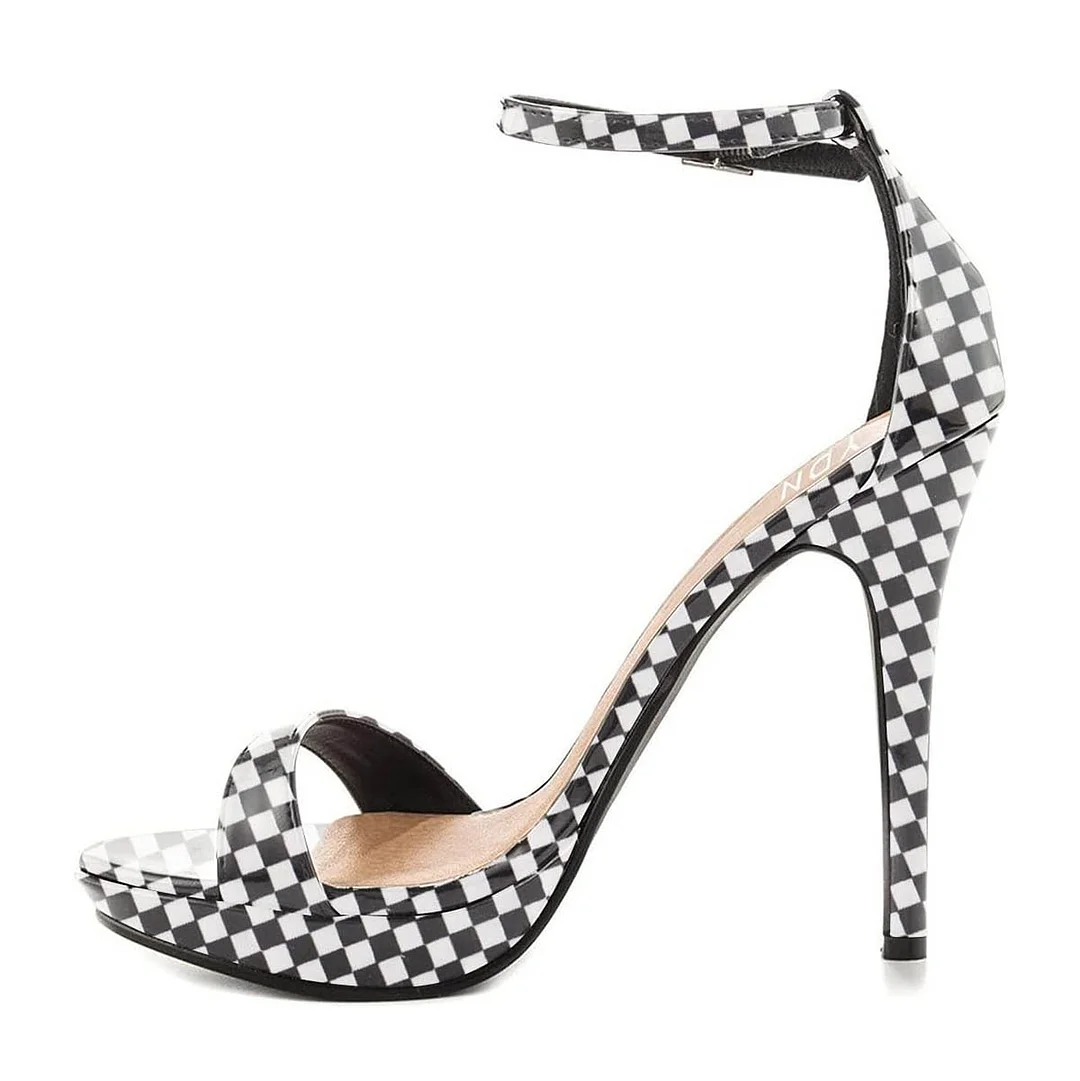 White & Black Plaid Open Toe Strappy Stiletto Heels with Platform