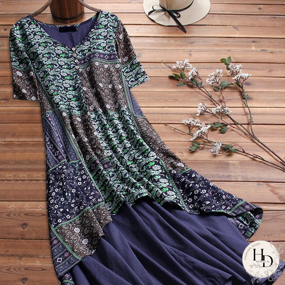 Summer Loose Fashion Short-sleeved Cotton And Linen Print Plus Size Fake Two-piece Maxi Dress