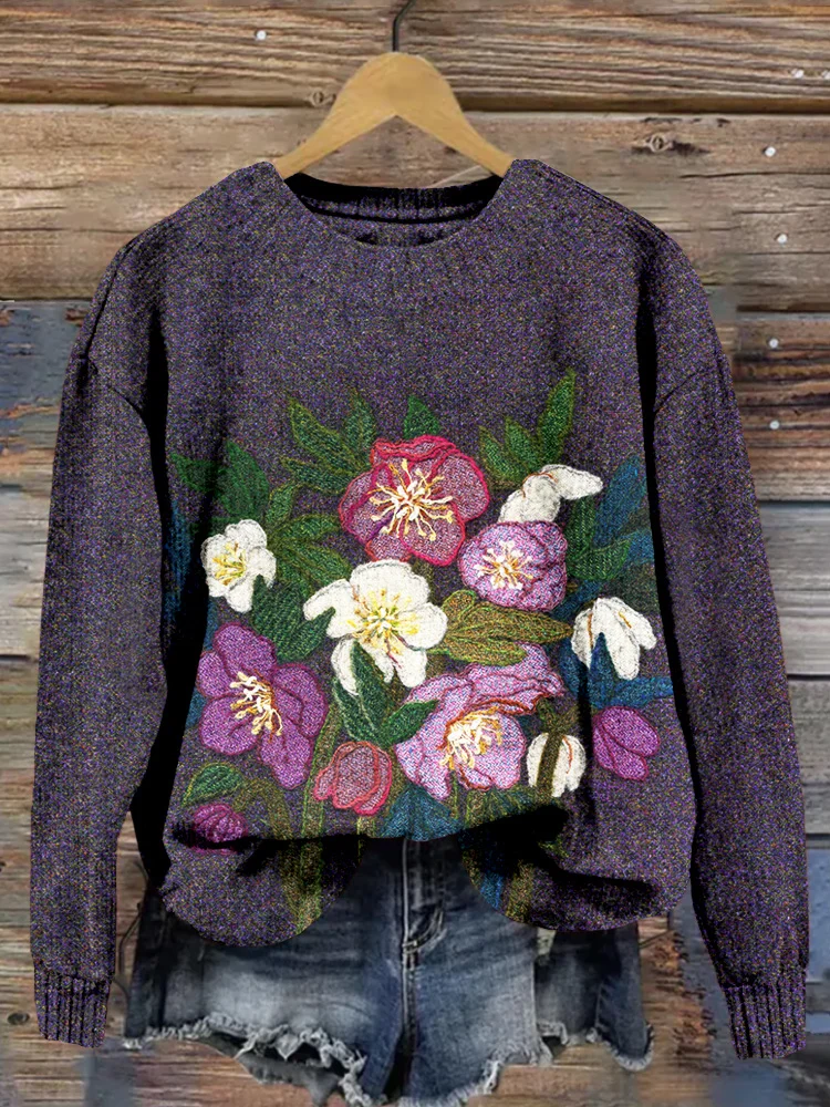 🔥kukelife🔥Hellebores Felt Art Crew Neck Cozy Knit Sweater