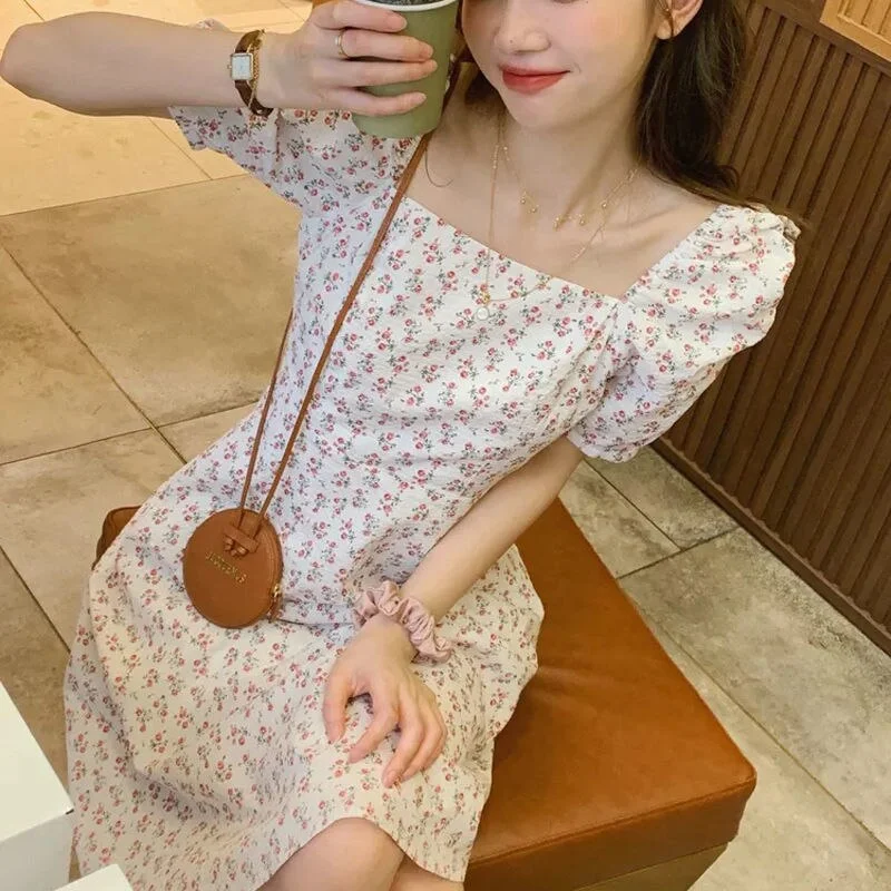 Dresses Women Puff Sleeve Sweet Korean Style Square Collar High Waist A-line Fresh Knee-length Chic Lady Elegant Tender Summer