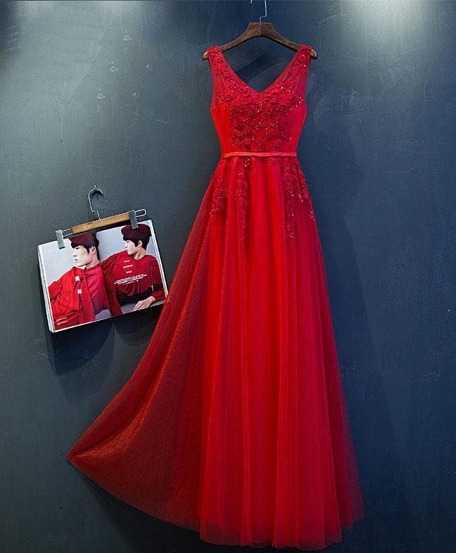 Red  V Neck Lace Tulle Long Prom Dress, Lace Evening Dress