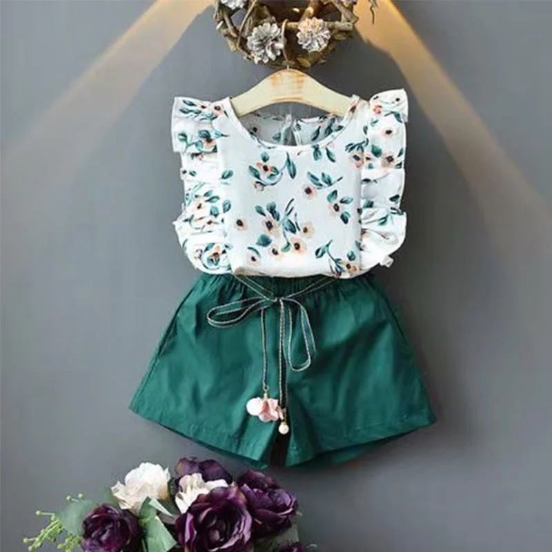 2021 NewToddler Baby Girls Kids Summer Clothes o-neck Flower sleeveless high waist green Tops + Shorts Outfit Sets 2PCS 18M-5T